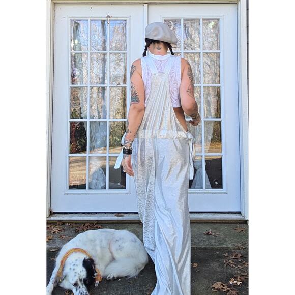 Douf. Silver stretch wide leg raver overalls adjustable One Size 1 of 1 Handmade - Picture 2 of 4